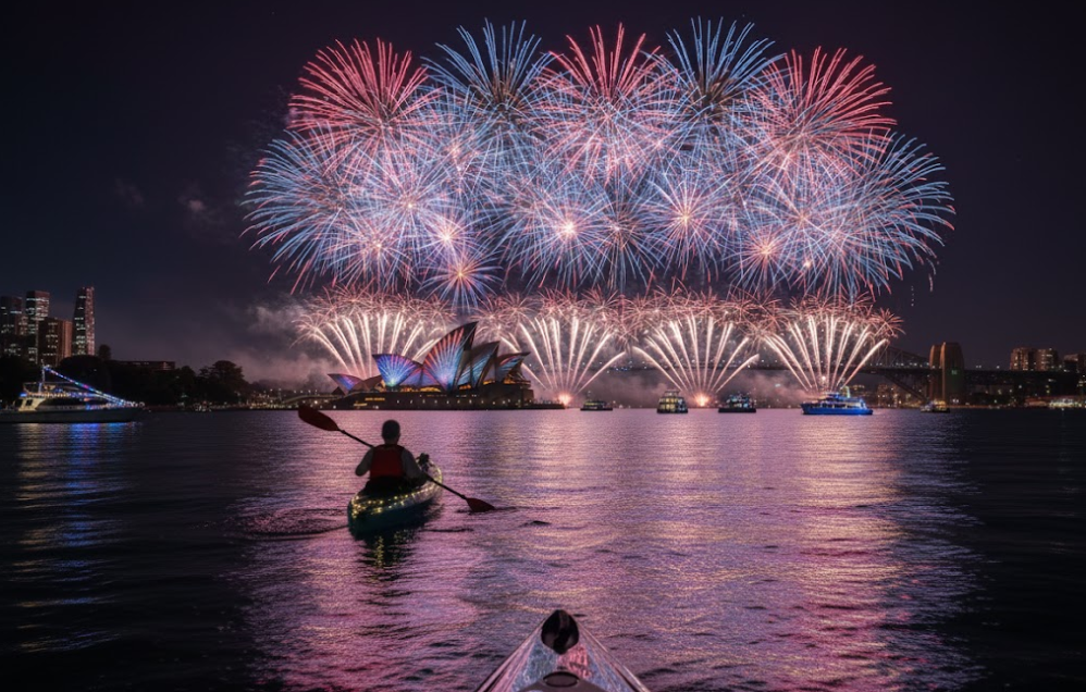 kayakers enjoying sydney kayaking tours 9pm fireworks new years eve tour